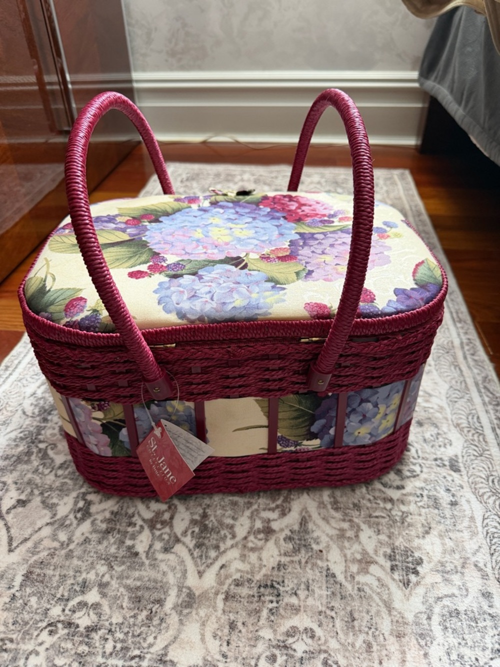 Floral Hydrangea Sewing Basket with Woven Handles - Picture 4 of 5